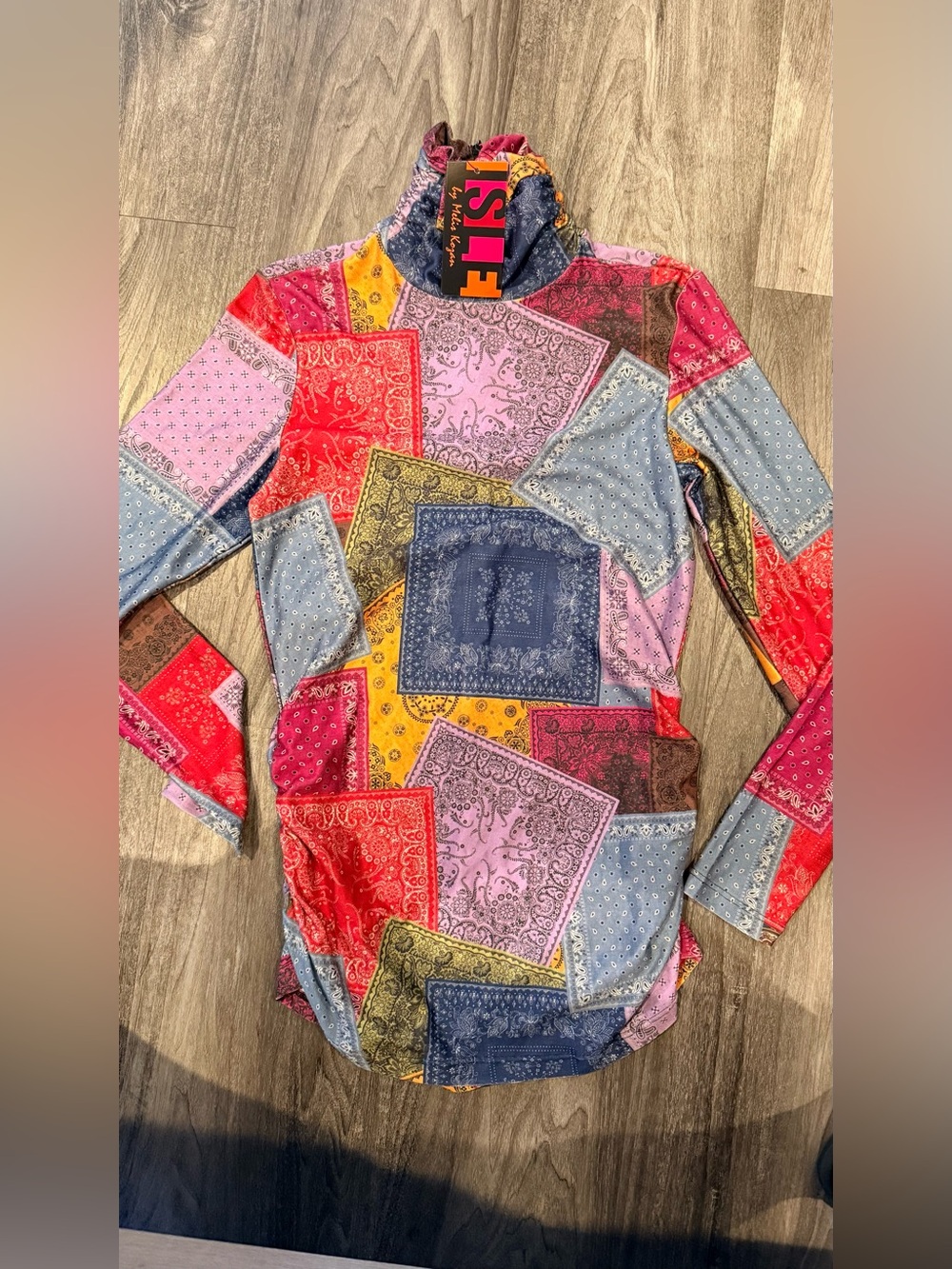 ISLE by Melis Kozan Wild West Collection Patchwork Bandana Turtleneck Top NWT S